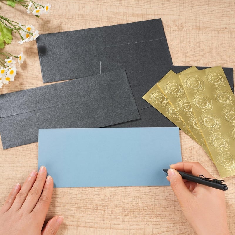 Wishop 50 Pack Shiny #10 Business Envelopes Self Seal Standard Envelopes with Gold Stickers for Office Checks, Business Cards, Letter Mailing Invoices, 4.13 x 9.49 Inches (Black) - Image 4